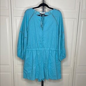 Eloquii Women’s Romper Shorts 14 Blue V-Neck Linen 1/2 Button Sleeve NWT